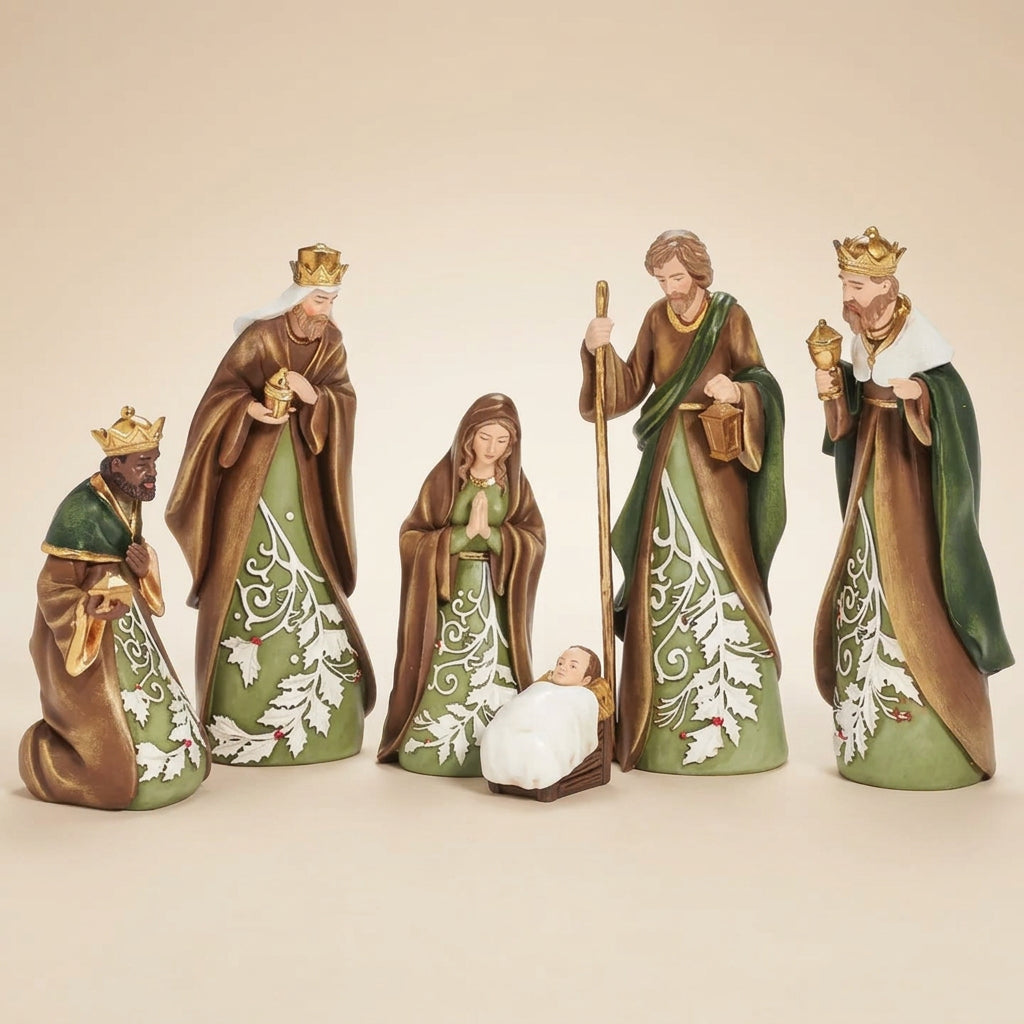 Brown & Green Leaf Pattern Nativity Set | 9"H