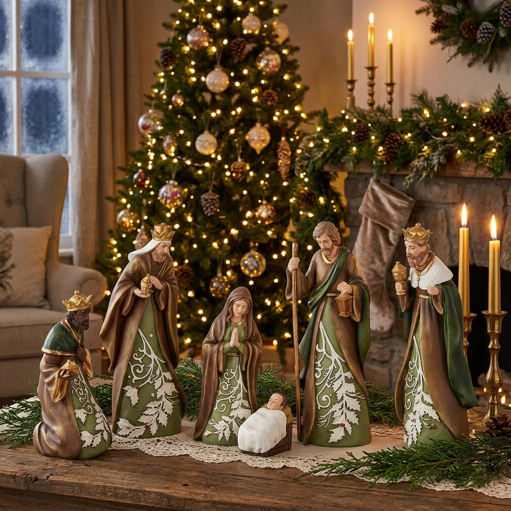 Brown & Green Leaf Pattern Nativity Set | 9"H