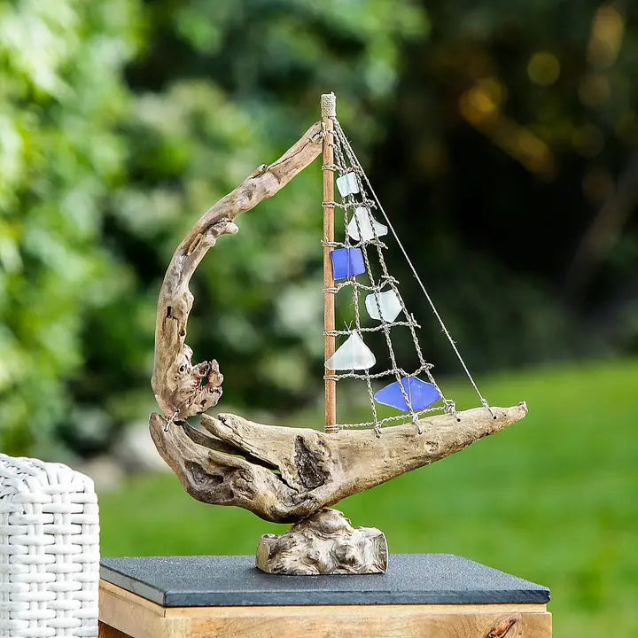 Driftwood Boat with Multi Color Recycled Bottles