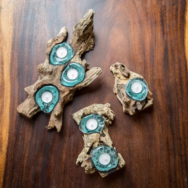 Recycled Melted Glass Candle Holders On Coffee Tree Roots
