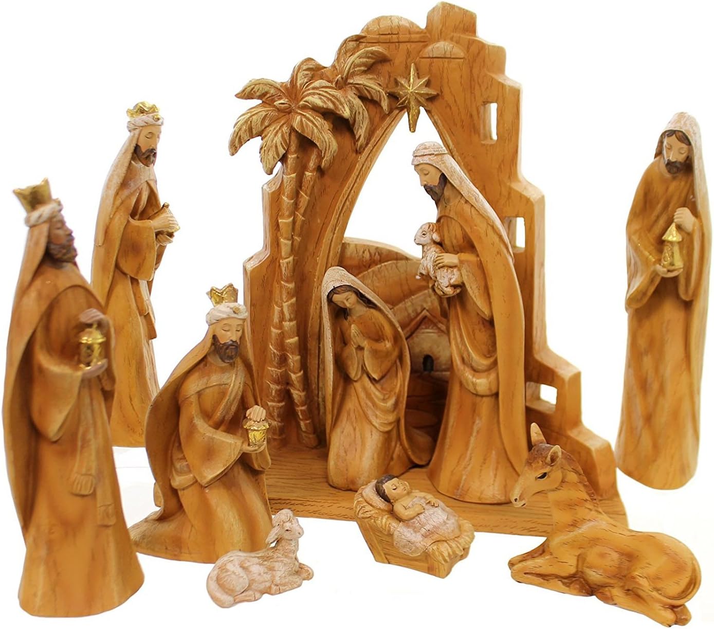 Carved Nativity with Back Drop | Faux Wood - 10 Pc Set