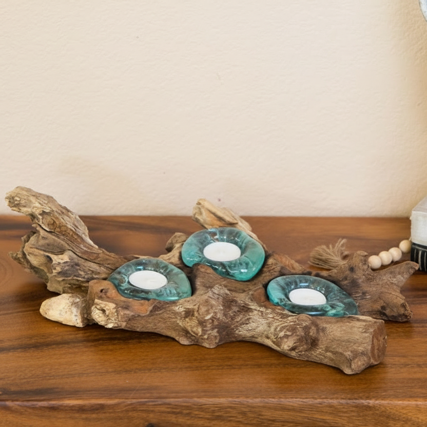 Recycled Melted Glass Candle Holders On Coffee Tree Roots