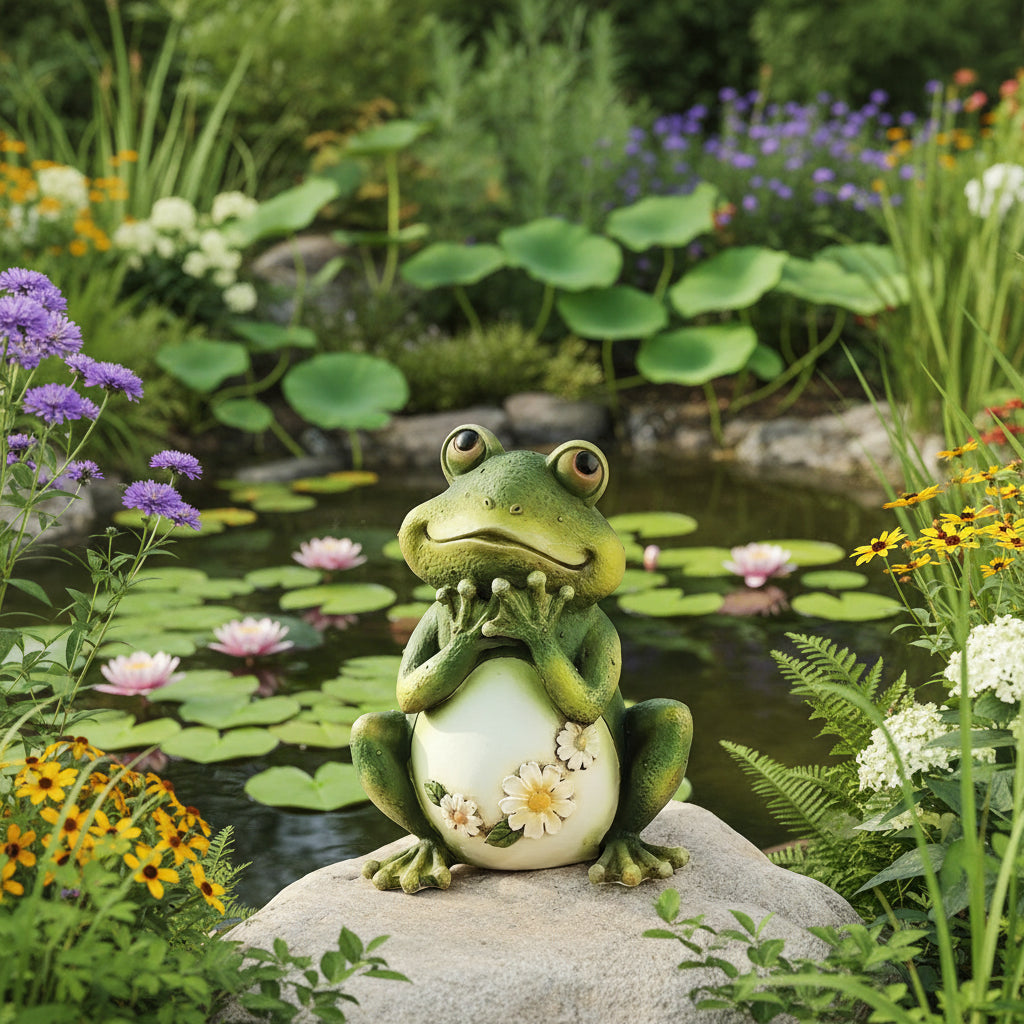 Frog W/Daisies Statue