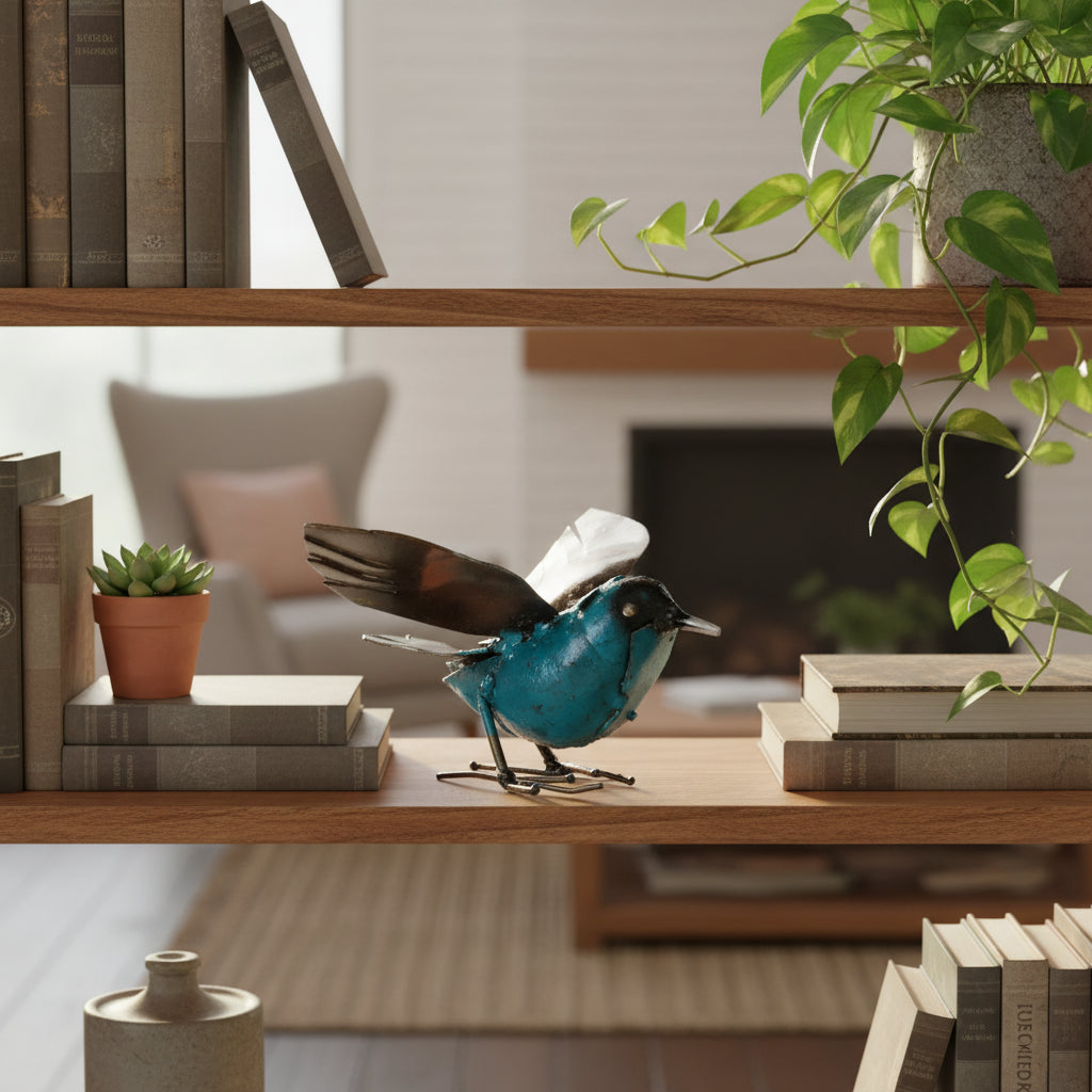 Blue Recycled Metal Fluttering Bird Sculpture