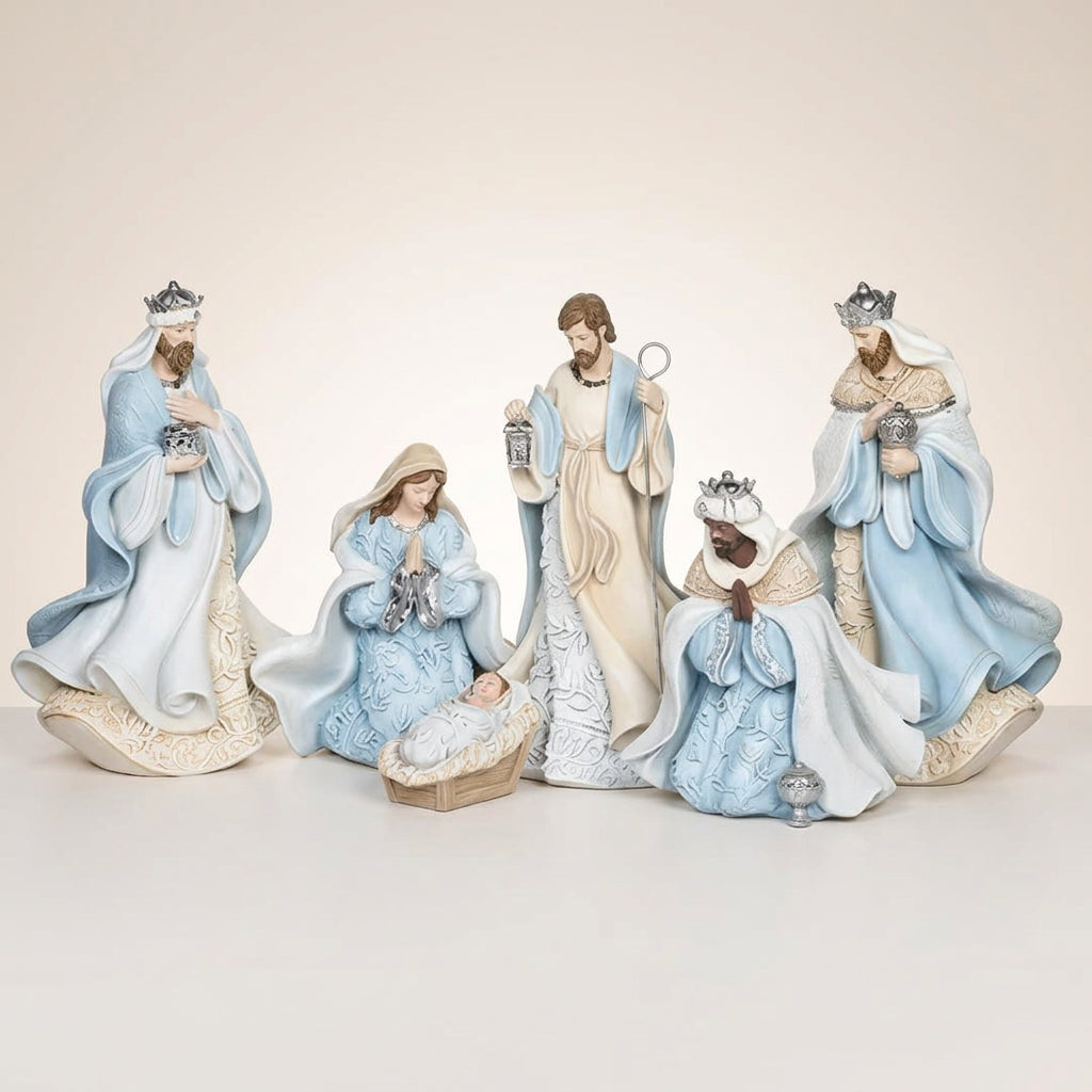 Nativity Set w/ Blue Leaf Pattern | 9.8"H