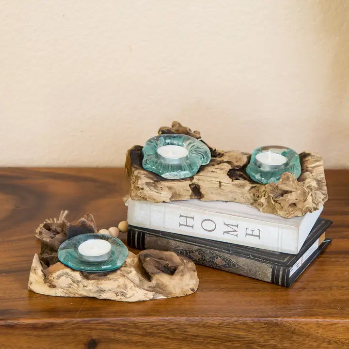 Recycled Melted Glass Candle Holders On Coffee Tree Roots