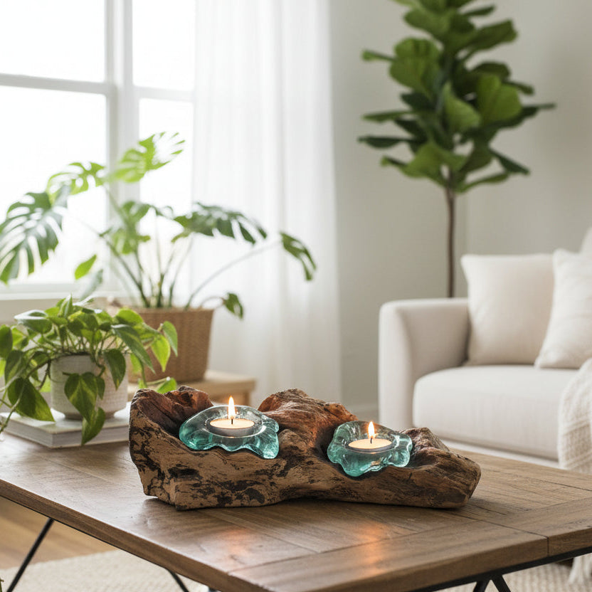 Driftwood Double Candle Holder Blown Glass