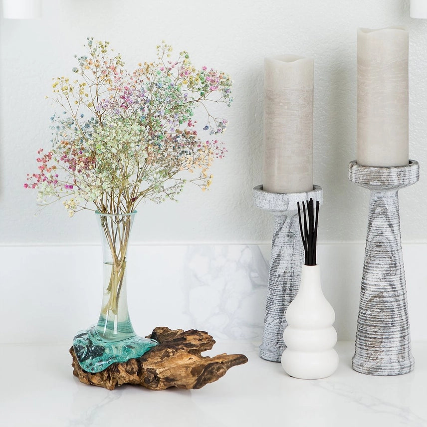 Blown Glass Flower Vase On Chinaberry Wood