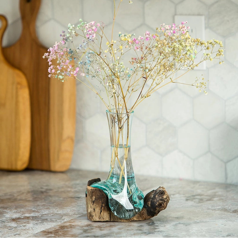 Blown Glass Flower Vase On Chinaberry Wood