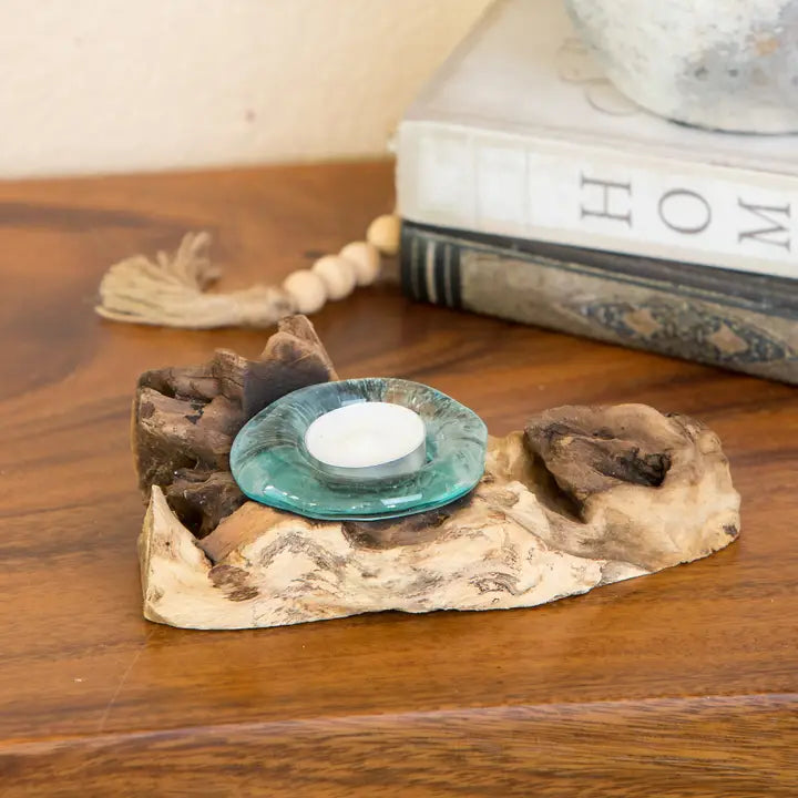 Recycled Melted Glass Candle Holders On Coffee Tree Roots