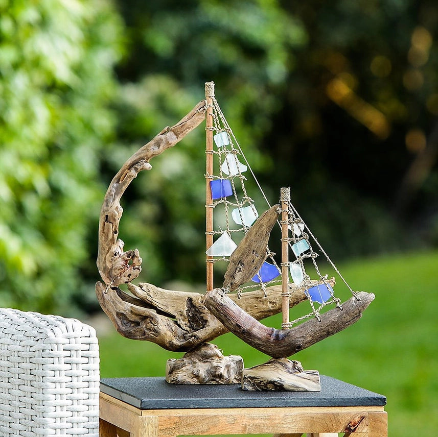 Driftwood Boat with Multi Color Recycled Bottles