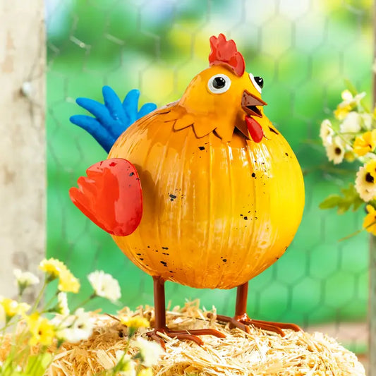 9"H Metal Portly Chicken Garden Statue