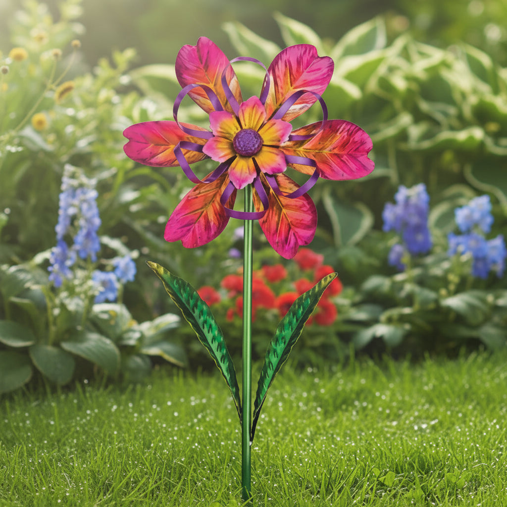 Pink Ribbon Flower Spinner Stake