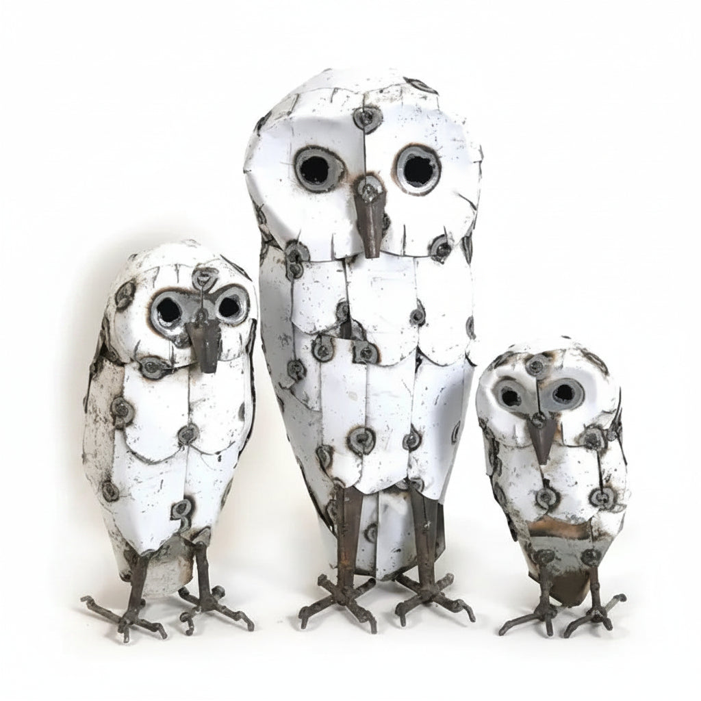 Snowy White Recycled Metal Owls