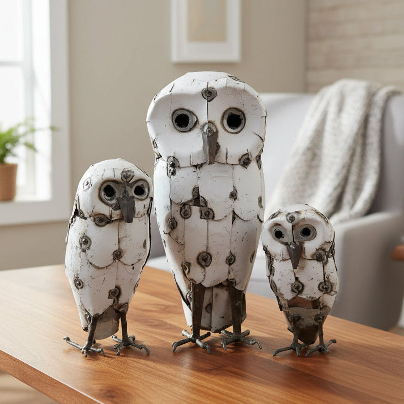 Snowy White Recycled Metal Owls