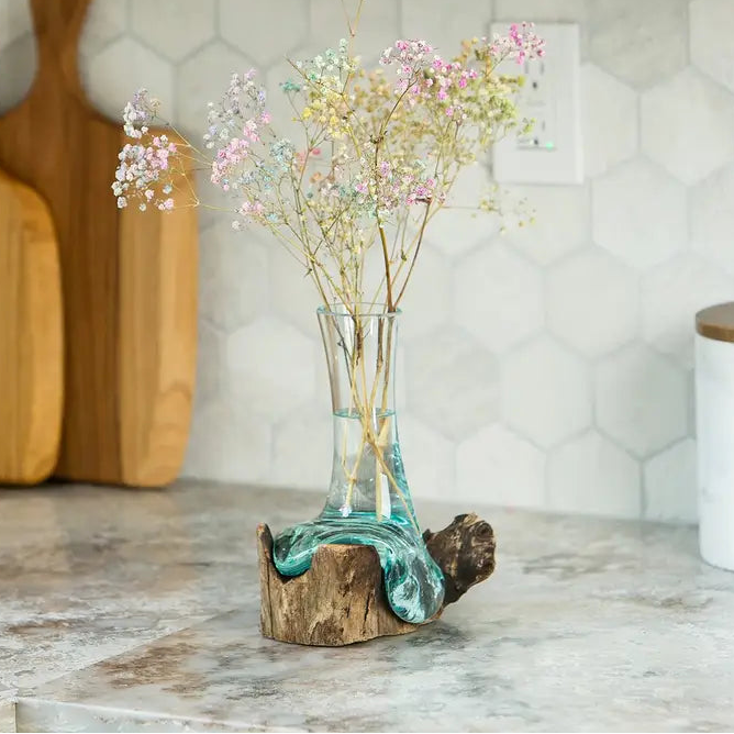 Blown Glass Flower Vase On Chinaberry Wood