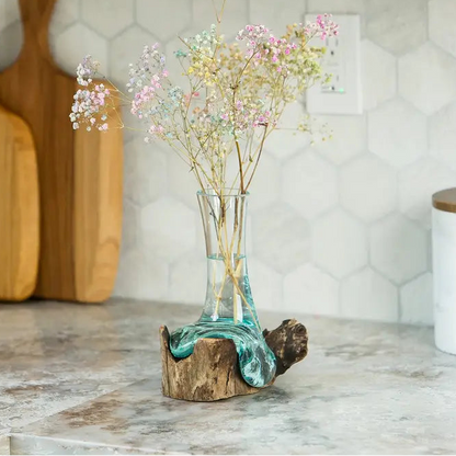 Blown Glass Flower Vase On Chinaberry Wood